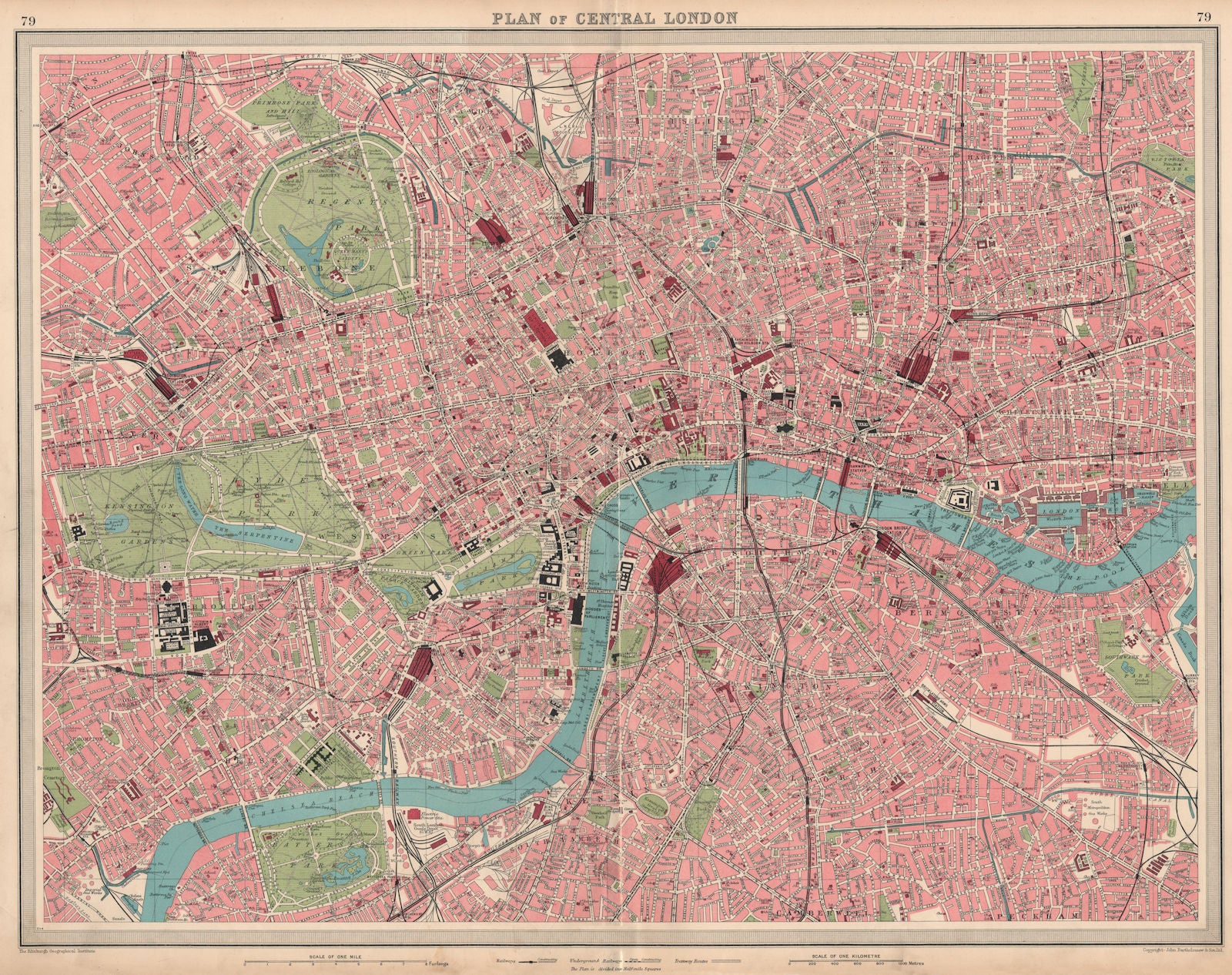 CENTRAL LONDON. Large detailed plan. Railways tube public buildings 1939 map